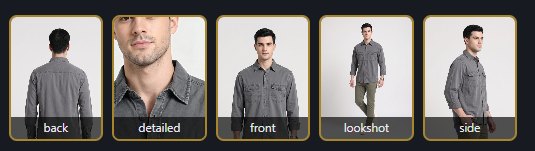 Five generated angles of the grey cargo shirt: back, detailed, front, lookshot and side