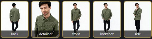 Five generated angles of an olive cargo shirt: back, detailed, front, lookshot and side