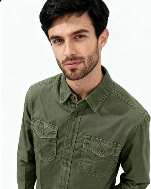 The same olive cargo shirt generated on a model as a detail close-up
