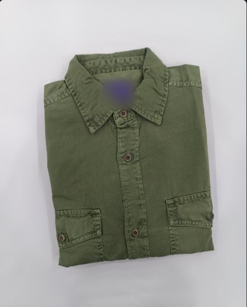 Seller flat lay of a folded olive cargo shirt