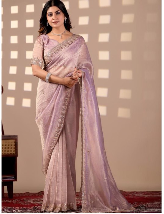 Catalog still of a model in a lilac embroidered saree